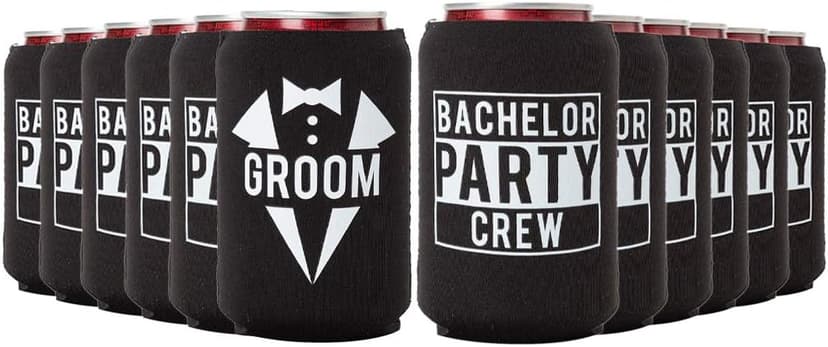 Groom and Bachelor Party Crew Squad Bachelor Party Can Coolers, Set of 12 White and Black Beer Can Coolies, Perfect Bachelor Party Decorations and as Grooms Men Gifts