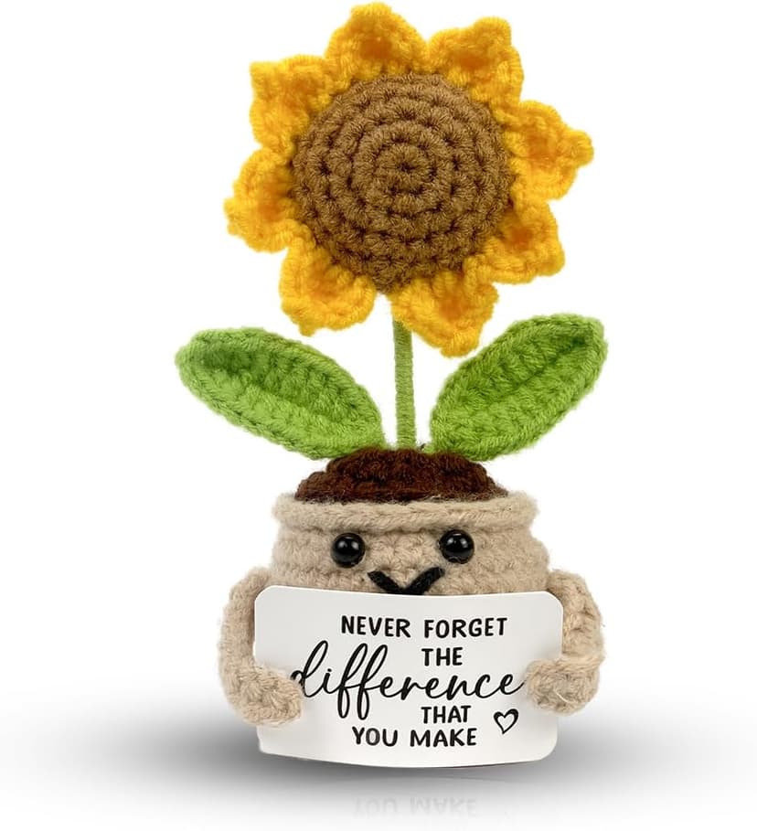 Mini Positive Crochet Sunflower, Cute Cheer Up Gifts for Women, Crochet Plant with Optimistic Card for Nurse Teacher Boss, Thank You Gifts for Friends, Coworker and Sunflower Decor