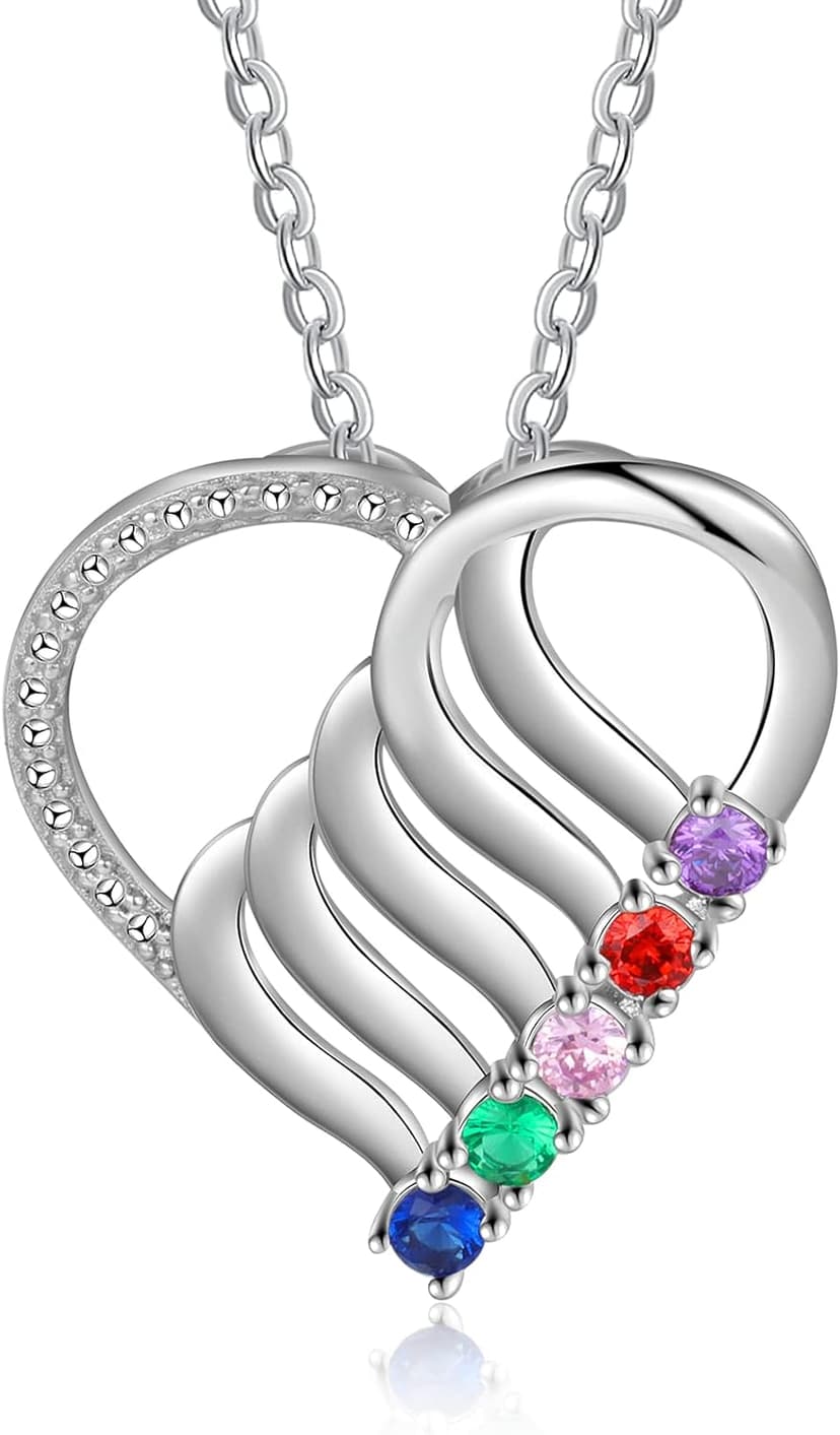 Jeweidea Personalized Heart Necklace with 2-6 Simulated Birthstones Custom Name Mother Daughter Chain Pendant for Women Mom Birthday
