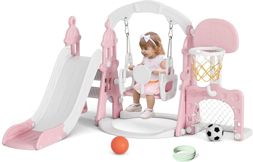 XJD 6-in-1 Toddler Slide and Swing Set, Kids Slide for Toddlers Age 1+, Toddler Outdoor Playset with Basketball Hoop, Football Frame, Swing, Outdoor Indoor Playground for Toddlers 1-3 (Pink)