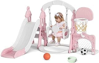 XJD 6-in-1 Toddler Slide and Swing Set, Kids Slide for Toddlers Age 1+, Toddler Outdoor Playset with Basketball Hoop, Football Frame, Swing, Outdoor Indoor Playground for Toddlers 1-3 (Pink)