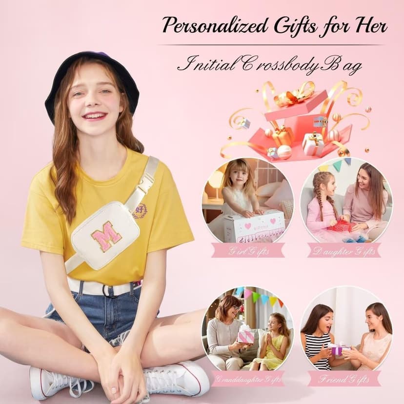 YOOLIFE Birthday Gifts for 3 4 5 6 7 8 9 10 11 12 13 Year Old Girls, Initial Fanny Pack for Girls Crossbody Bag Belt Bag Purse, Beige L