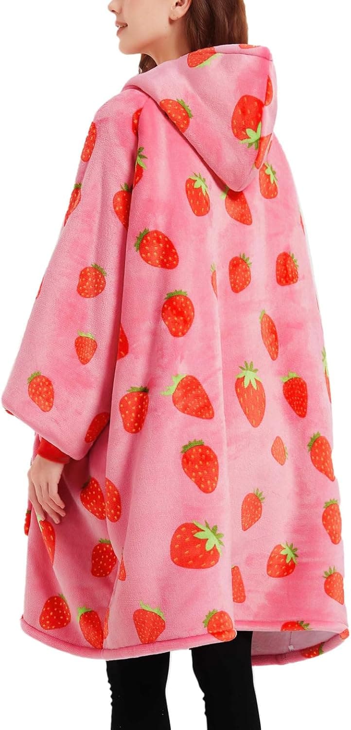 KFUBUO Wearable Blanket Hoodie for Adults Sherpa All Patterns Oversized Sweatshirt Blanket with Pockets Cute Birthday Gifts for Sister Strawberry
