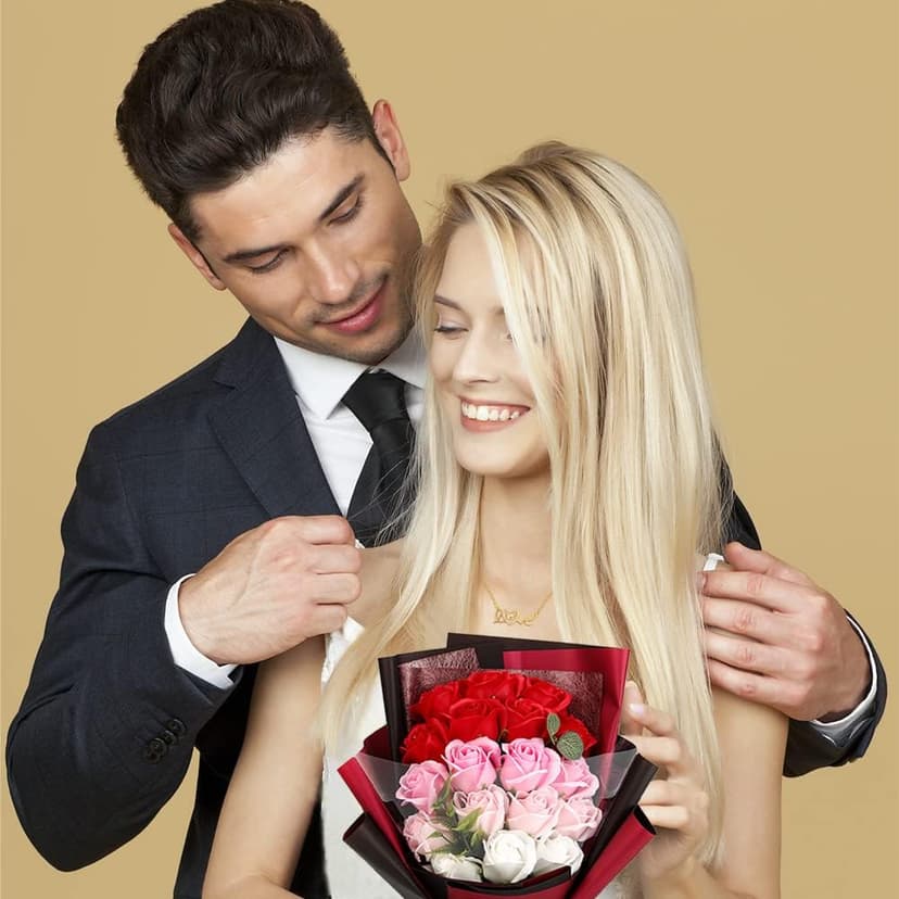 EIGHTOWN Roses Bouquet Artificial Flower - Preserved Red Rose Flowers with Love Necklace for Her - Unique Gifts Valentine's Day, Mother's Day, Thanksgiving, Birthday, Anniversary