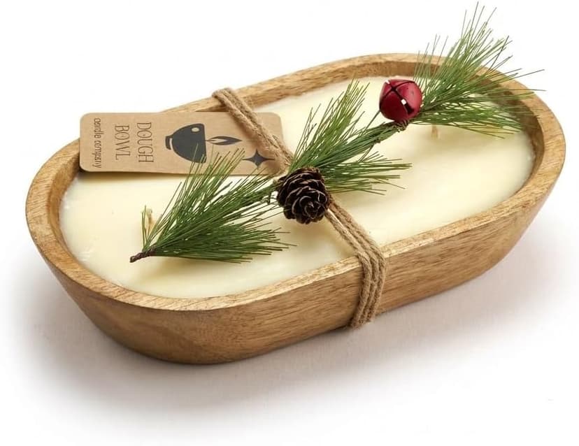 Dough Bowl Candle Co. Christmas Tree Soy Candle - 6 Wick Rustic Farmhouse Decor Odor Eliminator in Ornamental Wooden Bowls, 32 Ounce All-Natural Gifts for Women and Men, Wooden Decor Dough Bowls
