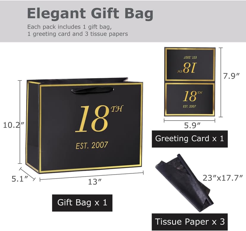 momoake 18th Birthday Gift Bag with Card and Tissue Paper for Boys Men Women, 2007 18 Year Old 13" Elegant Black Gold Anniversary Keepsake Party Present Shopping Paper Bags for Gifts Wrapping