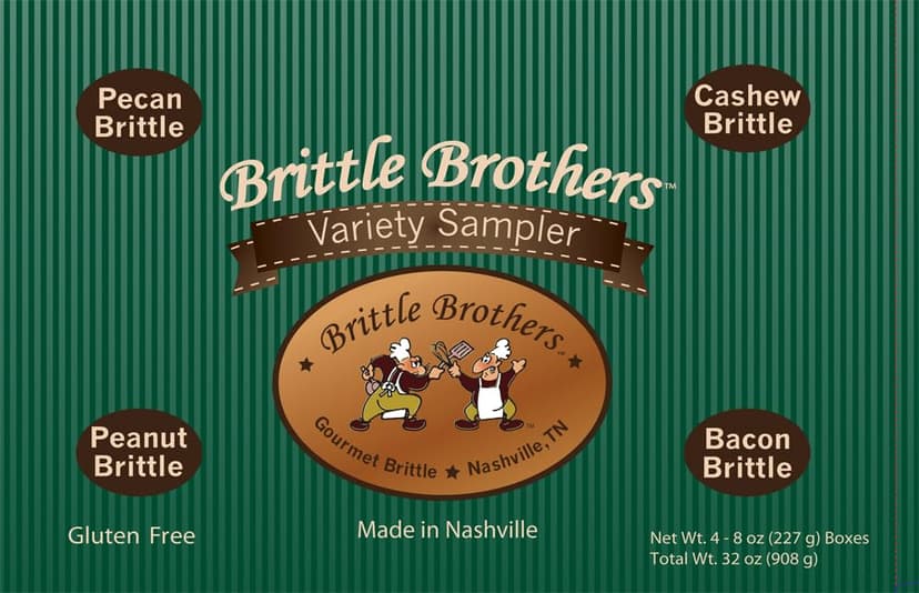 Brittle Brothers Variety Gift Set : 4-8 oz. Box Pack Voted #1 Peanut Cashew Pecan Bacon Corporate Candy Snack Birthday Sampler Christmas Mother Father
