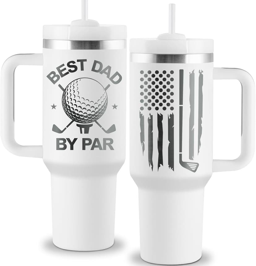 Golf Gifts for Dad - Fathers Day Golf Gifts for Men - Funny Golfer Gift Ideas for Him - Best Dad By Par - 40oz Travel Cup Insulated Tumbler with Handle & Straw