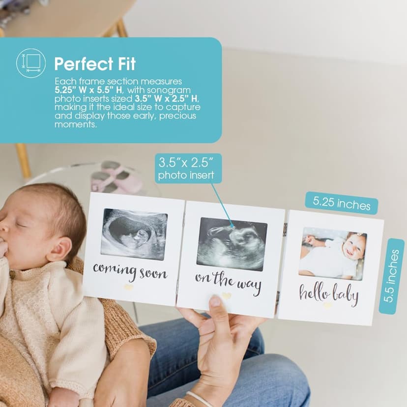 Pearhead Triple Sonogram Keepsake Photo Frame, Gender Neutral Ultrasound Keepsake, Ideal Pregnancy Gift For First Time Moms, Baby Shower and Nursery Decor, 3.5”x2.5” Photo Insert, White