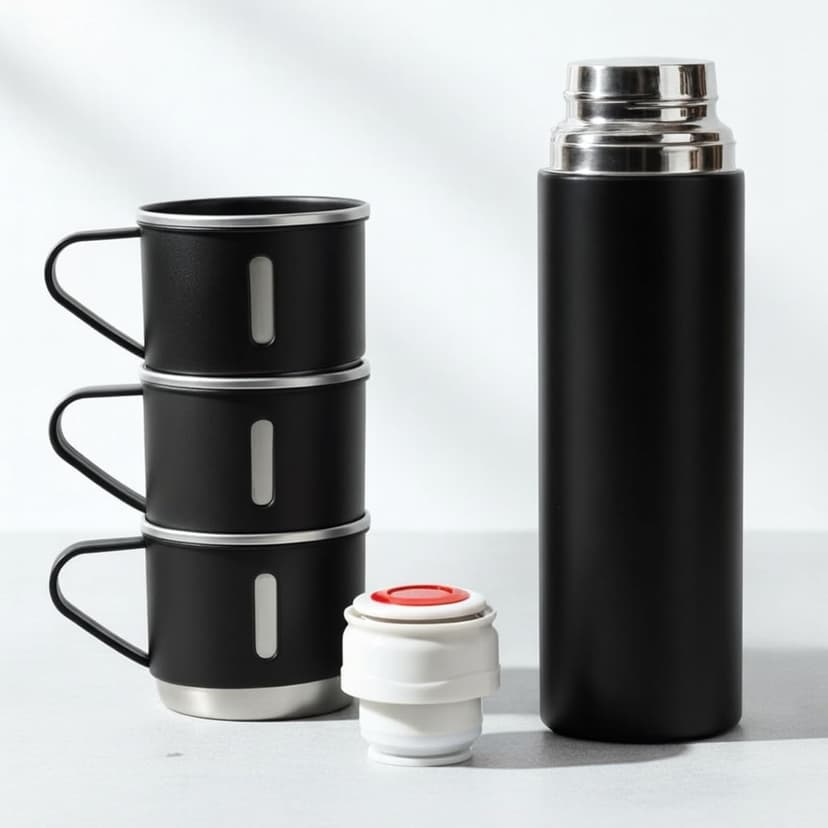 Black Vacuum Flask Gift Set, Stainless Steel Insulated Water Bottle w/ 3 Cups, Hot & Cold Drinks Coffee Thermo Water Bottle, Reusable Thermal Cup for Outdoor Camping Travel, Termos para Agua Fria,17oz