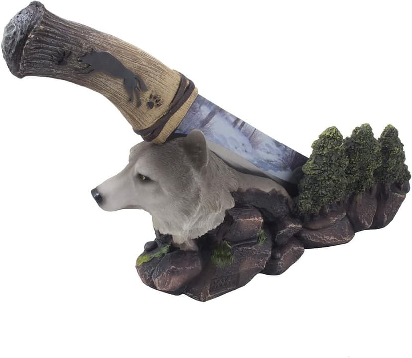 Home 'n Gifts Decorative Gray Wolf Hunting Knife on Display Stand with Stainless Steel Blade for Rustic Cabin & Lodge Decor As Shelf, Mantel or Desk Decorations or Gifts for Hunters and Outdoorsmen