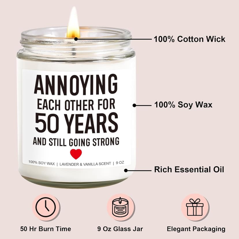 Funny 50 Years Candle, 50th Anniversary, Gifts for Couple, Parents - 50th Wedding Anniversary Decorations, 50 Year Golden Anniversary, Gifts for Husband, Wife, Friends - 9 oz