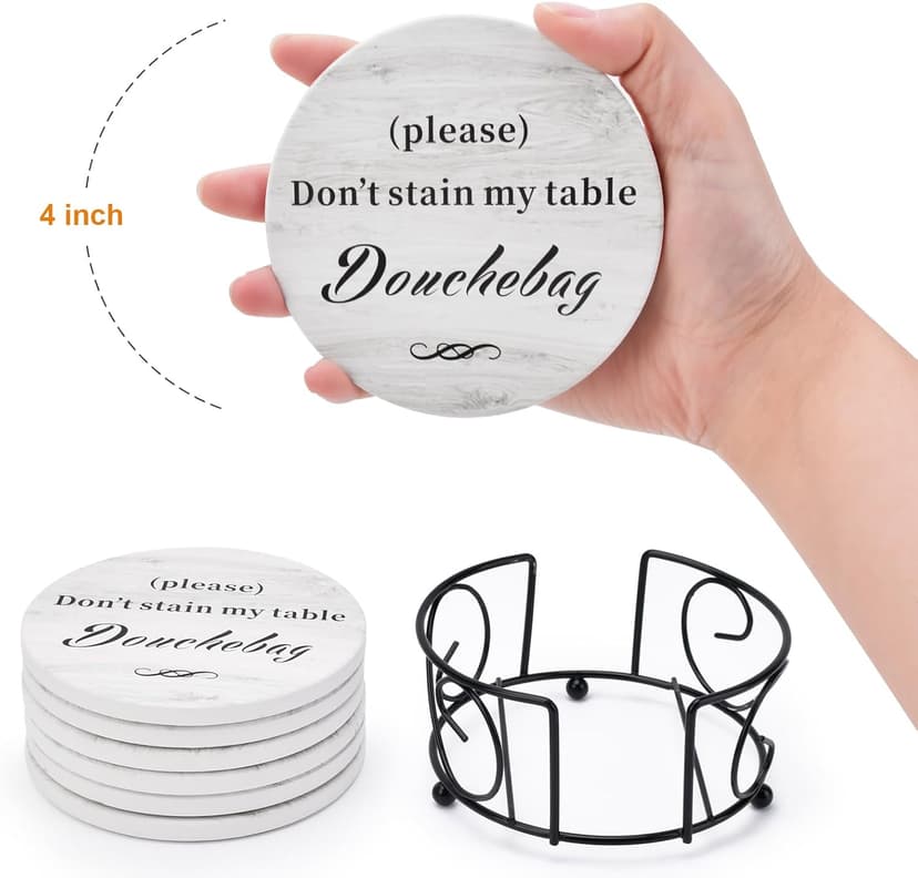 White Elephant Gifts for Adults, Funny Coasters Set of 6 with Holder Christmas Stocking Stuffers for Men Women, Gag Gifts Couples Birthday Housewarming Secret Santa Cool Friend Presents for Her Him