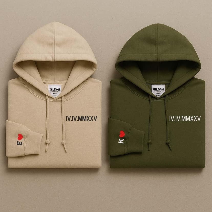 Custom Embroidered Roman Numeral Hoodie – Personalized Hoodie with Initial and Heart for Boyfriend or Girlfriend, Matching Couple Hoodies