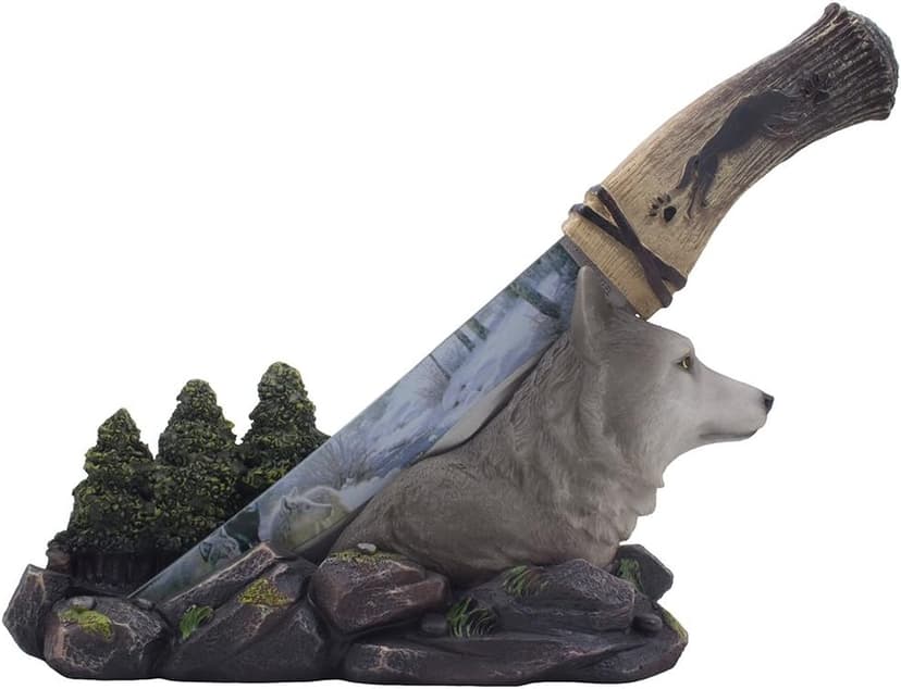 Home 'n Gifts Decorative Gray Wolf Hunting Knife on Display Stand with Stainless Steel Blade for Rustic Cabin & Lodge Decor As Shelf, Mantel or Desk Decorations or Gifts for Hunters and Outdoorsmen