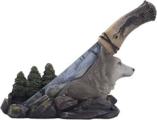 Home 'n Gifts Decorative Gray Wolf Hunting Knife on Display Stand with Stainless Steel Blade for Rustic Cabin & Lodge Decor As Shelf, Mantel or Desk Decorations or Gifts for Hunters and Outdoorsmen