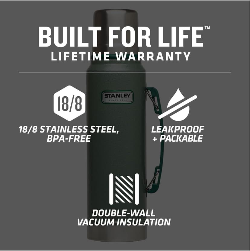 Stanley Heritage Classic Vacuum Bottle with Handle 1.1 qt | Wide Mouth w/Leakproof Cup Lid | Keep Drinks Hot or Cold | Insulated Stainless Steel Thermal Bottle | BPA-Free | Hammertone Green