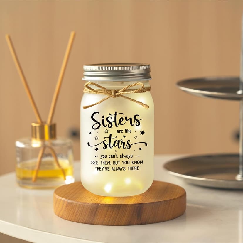 Mason Jar Night Light Gifts for Sister, Sister Birthday Gifts, Sisters Gift for Women, Soul Sister, Best Friend, Long Distance Night Light Gift for Mothers Day Christmas