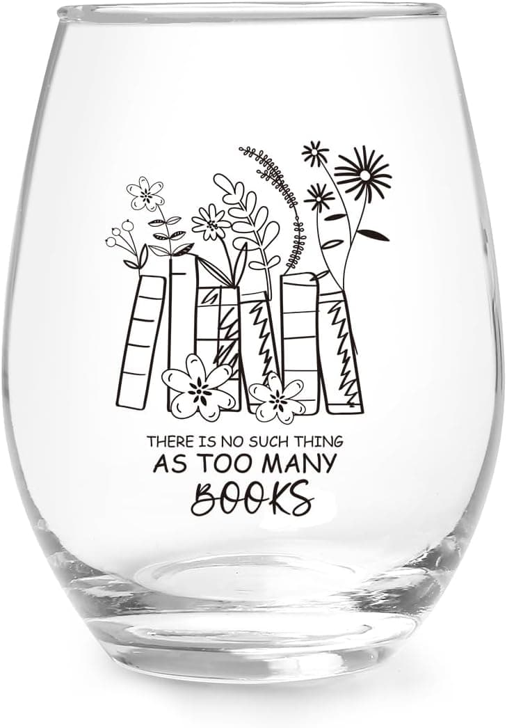 Jogskeor Book Lover Gift Stemless Wine Glass 15oz - There Is No Such Thing As Too Many Books Wine Glass for Book Lover, Birthday Christmas Gifts for Readers Bookworm Her Mom Him Dad Friend