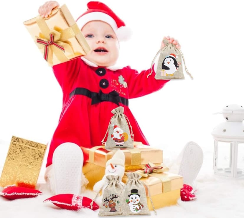 CCINEE 36pc Christmas Linen Bags with Drawstrings Christmas Burlap Goody Gift Bags with Double Jute Drawstrings, 4 designs Snowman, Santa Claus, Penguin and Reindeer