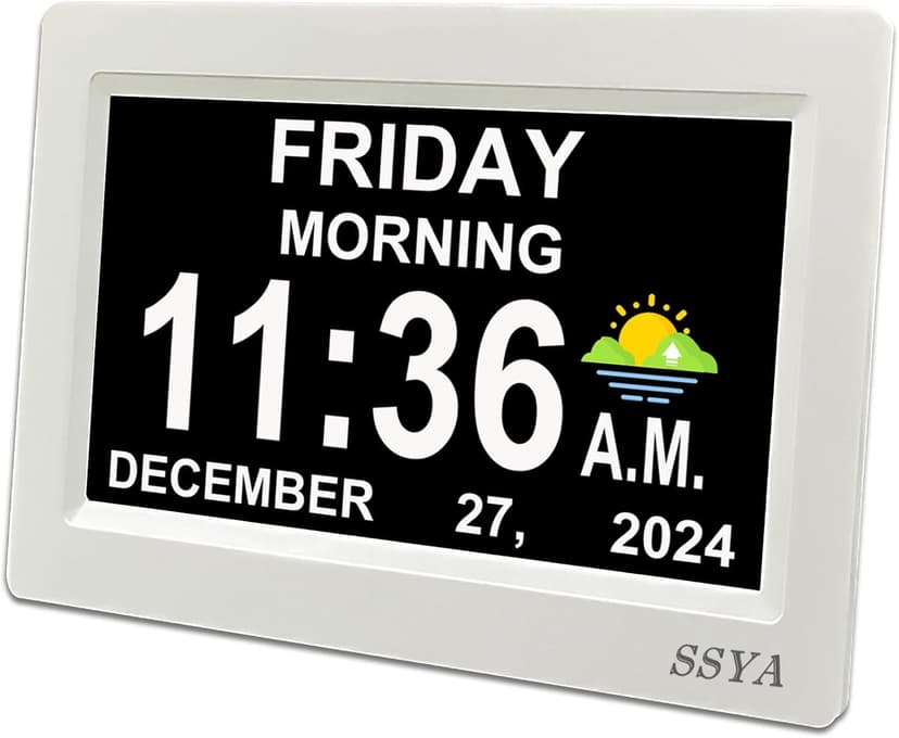 SSYA Digital Calendar Alarm Clock - Dementia Clocks for Seniors, Non-Abbreviated Memory Loss Clock with Date and Time for Elderly (White)