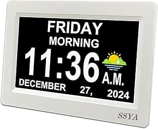 SSYA Digital Calendar Alarm Clock - Dementia Clocks for Seniors, Non-Abbreviated Memory Loss Clock with Date and Time for Elderly (White)