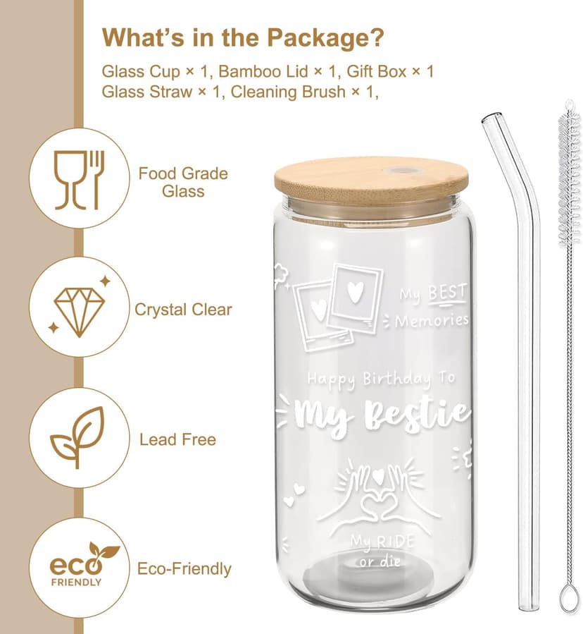 Best Friend Birthday Gifts for Women Friendship - Happy Birthday to My Bestie Glass Cups with Lids and Straws, Funny Presents for Bff Friends Coworkers Unique, Cute Iced Coffee Cup, 16 oz