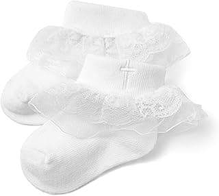 Baptism Socks for Baby Girls - White Newborn Christening Socks With Cross & Eyelet Frilly Lace