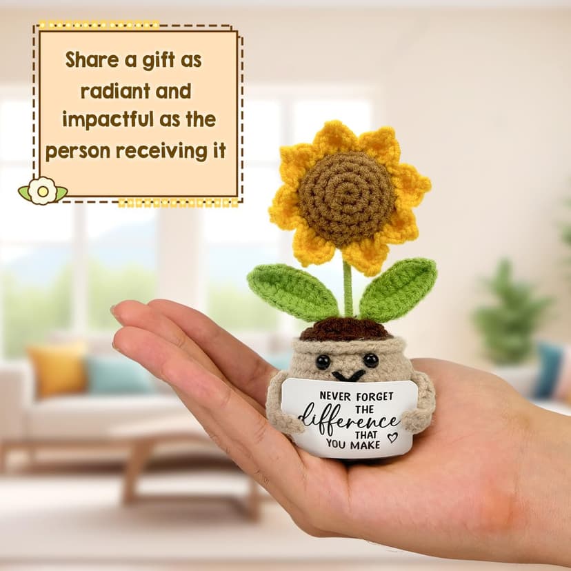 Mini Positive Crochet Sunflower, Cute Cheer Up Gifts for Women, Crochet Plant with Optimistic Card for Nurse Teacher Boss, Thank You Gifts for Friends, Coworker and Sunflower Decor