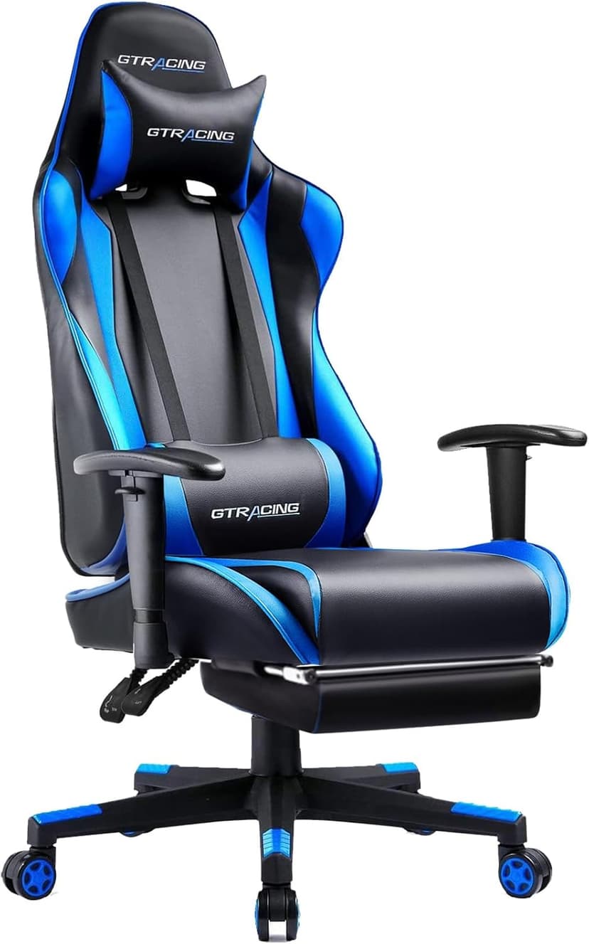GTRACING Gaming Chair with Footrest, Ergonomic Computer Game Desk Chair, Reclining Game Chair Seat Height Adjustment, Swivel Rocker with Headrest and Lumbar (Blue)