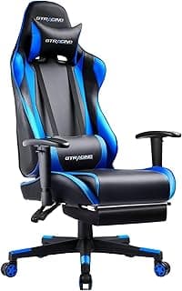 GTRACING Gaming Chair with Footrest, Ergonomic Computer Game Desk Chair, Reclining Game Chair Seat Height Adjustment, Swivel Rocker with Headrest and Lumbar (Blue)