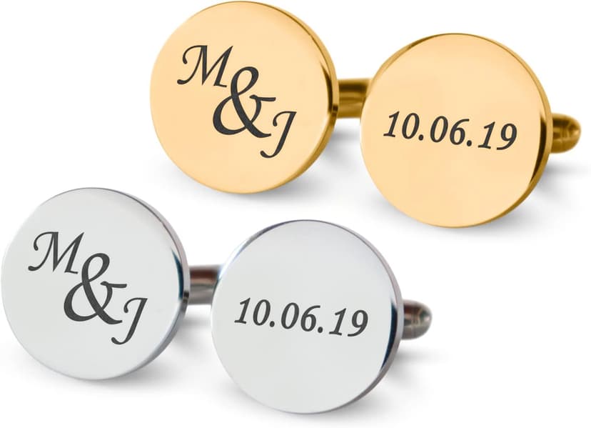 Custom engraved cufflinks for men, personalized wedding gift for groom, father of the bride & groom dad, best men, customized gold & silver cufflinks with dates, quotes or couples initials from bride