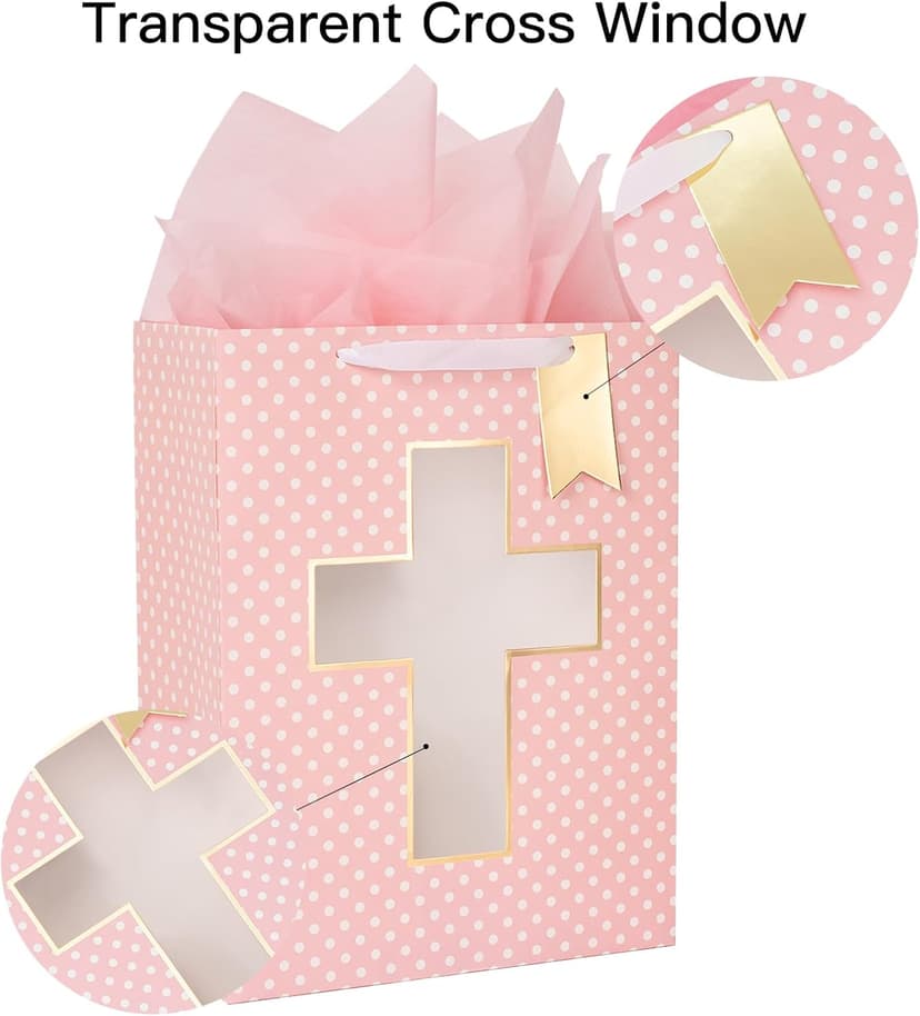Loveinside Pink Gift Bag with Cross Design, Tissue Paper for Baby Girl Baptisms, Christenings, First Communions Religious Occasion- 10" x 5" x 13", 1 Pcs