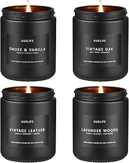 Auelife Scented Candles Set | Men Candle Set, Scented Candles for Home, Gifts for Men Aromatherapy Gift Set - 4 Pack Manly Gifts for Dad Fathers Day, Soy Candle of Leather/Smoke & Vanilla/Oak/Lavender
