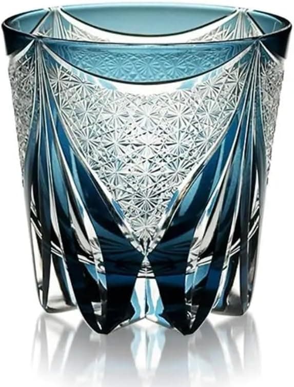 Edo Kiriko Whiskey Glass – Elegant Japanese Style Deep Blue Glass with Chrysanthemum & Flame Motif, Hand-Cut Spirits Tumbler for Whiskey & Cocktails