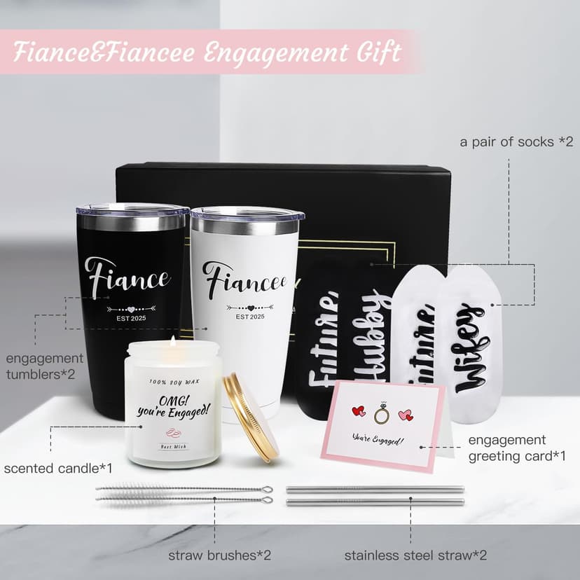 Engagement Gifts for Couples, Cool Wine Engaged Tumbler Gift Set Newly Presents for Women his and her him Fiance Fiancee Friend, Girlfriend Boyfriend Ideas with Straws, Socks, Candle & Greeting Card