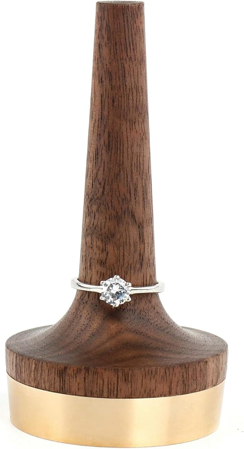 Wooden Ring Holder For Jewelry | 1 Piece | Black Walnut Wood & Brass Stand | Gift For Men & Women, Engagement, Wedding & Anniversary | Him & Her Rings Modern Display | Fits Any Band Size 00 Up
