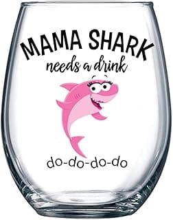 Mama Shark Needs a Drink Funny Wine Glass - Mom Gift For Birthdays, Mother's Day, Christmas, Holidays or Just Because - Stemless