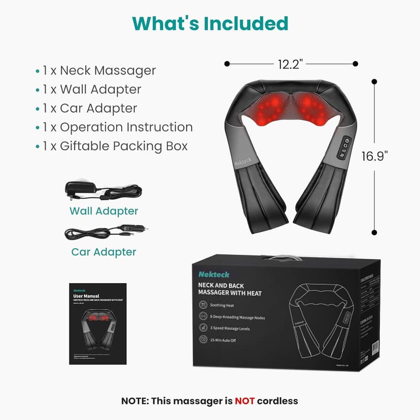 Nekteck Shiatsu Neck Massager for Pain Relief Deep Tissue with Heat, 3D Kneading Massage Pillow Back Shoulder Massagerfor Body Muscle, Plug-in Use for Home Office Car, Gifts for Mom Dad Him Her