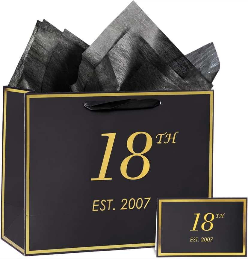 momoake 18th Birthday Gift Bag with Card and Tissue Paper for Boys Men Women, 2007 18 Year Old 13" Elegant Black Gold Anniversary Keepsake Party Present Shopping Paper Bags for Gifts Wrapping