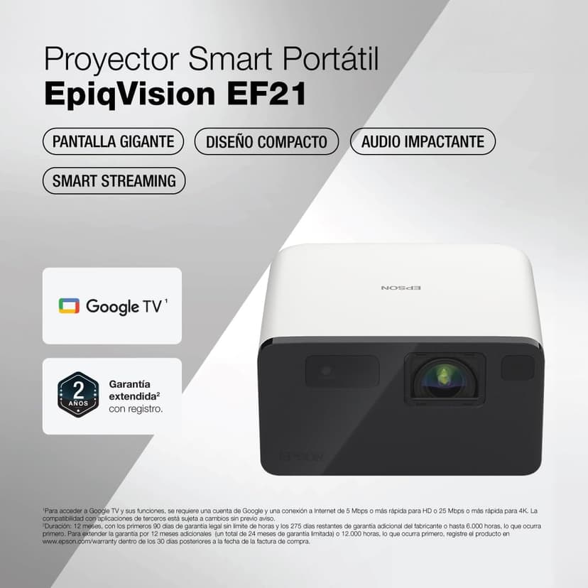 Epson EpiqVision Mini EF21 Portable Smart Laser Projector, Bright 1,000 Lumens, FHD 1080p HDR, 3-Chip 3LCD, Google TV, Netflix, Stereo Speakers, Family Party/Outdoor Backyard/Home Theater - White
