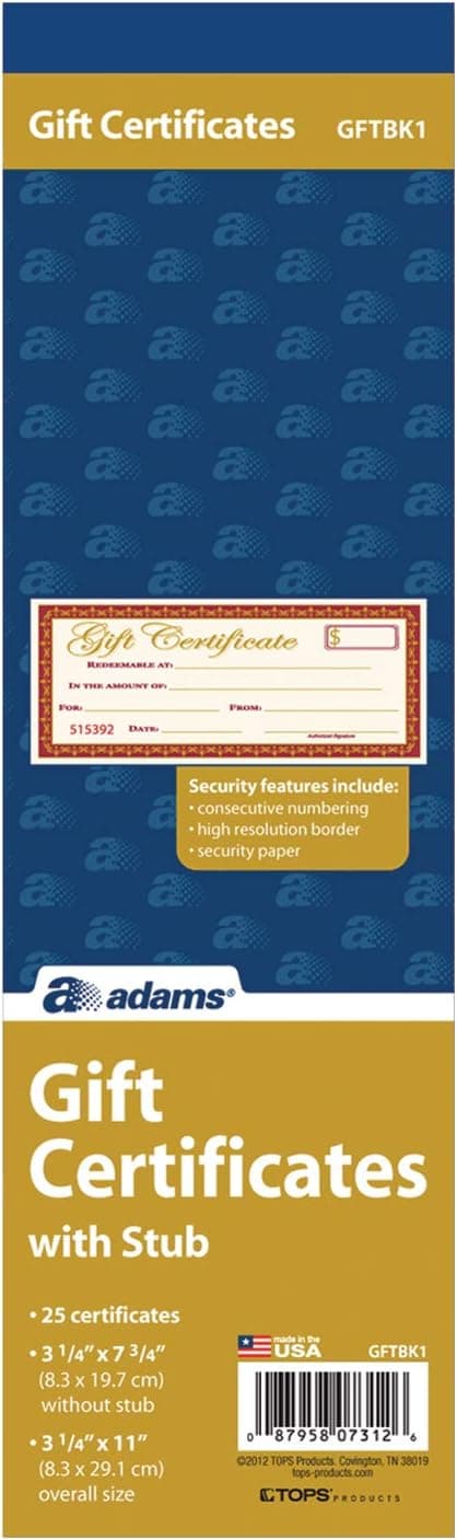 Adams 1-Part Gift Certificates with Stub, 3-1/4" x 11", 25 Certificates/BK (GFTBK1)