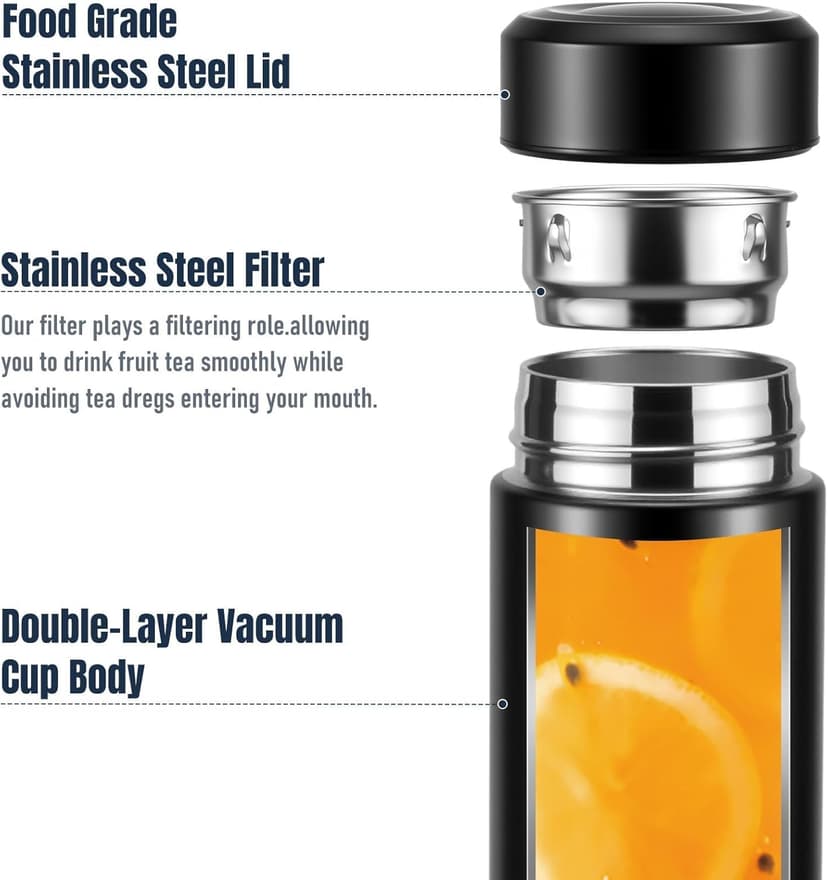 17oz Stainless Steel Water Bottles, Slim Water Bottle, Thermo Water Bottle, Insulated Water Bottle Keep Hot for 12 Hrs, Cold for 24 Hrs for Coffee, Drinks(Black)