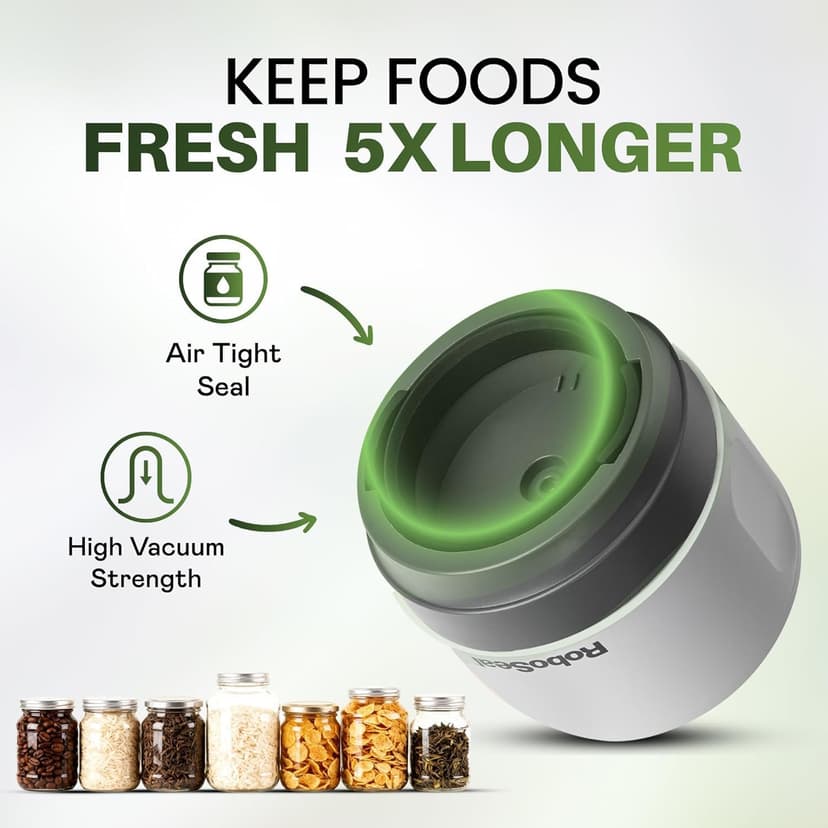 RoboSeal Rechargeable Mason Jar Vacuum Sealer for Mason Jars Wide & Regular Mouth, One Touch Operation, 10 Jar Lids and Jar Opener Included, Digital Battery Indicator, Preserves Foods 5x Longer