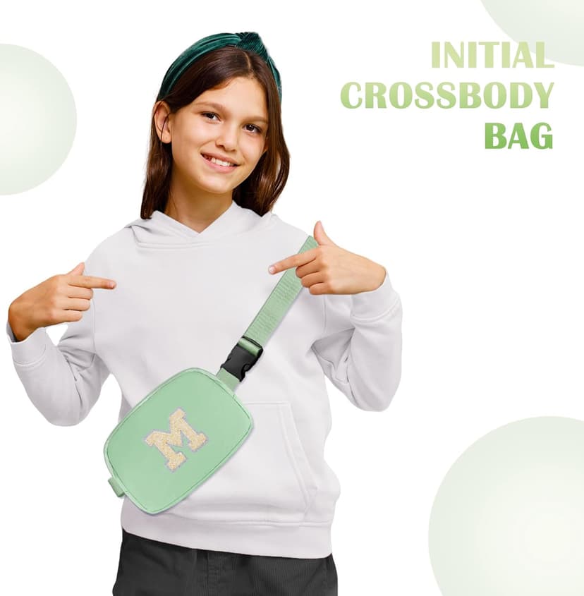 COSHAYSOO Green Belt Bag Crossbody Initial Fanny Pack Preppy Trendy Stuff for Teen Flower Girls 5 6 7 8 9 10 Year Old Personalized Cute Wedding Party Bridesmaid Birthday Easter Gift Letter M