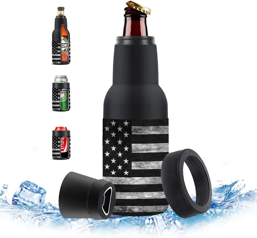 Stepstall Can Cooler Beer Bottle Holder with Beer Opener, 4-in-1 Design Slim Can Beer Bottle Insulators, Double Walled Stainless Steel Insulated, 12 OZ Beer Gifts for Men Father(Black American Flag)