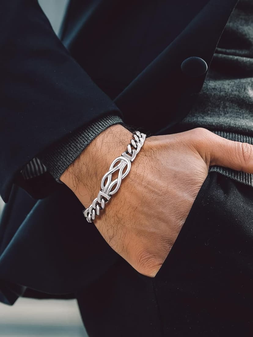 Bandmax Inifinity Love Knot Cuban Link Chain Bracelets for Men Stainless Steel/Black Mens Bracelet with Love Message Card Gift for Son Grandson Husband Father