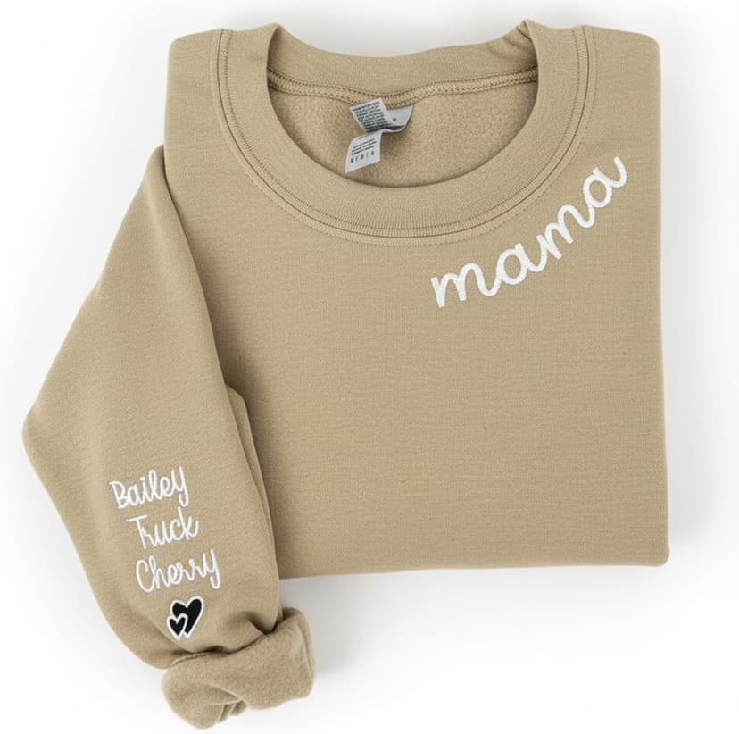 Custom Mama Embroidered Sweatshirt & T-Shirt with Kids’ Names on Sleeve, Personalized Mom Hoodie, Custom, Birthday Mom Outfit, Pregnancy Gift for Women Black