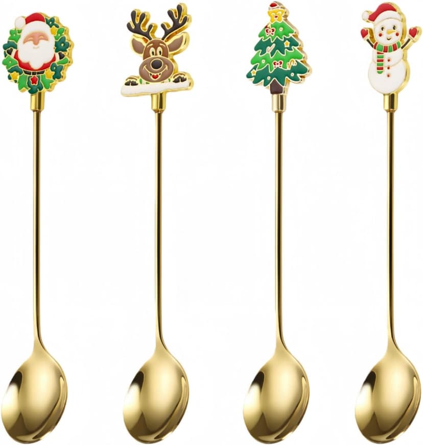 Christmas Teaspoon Gift Set of 4 |Premium 5.6 Inch Stainless Steel Small Spoon | Coffee Spoons for Dessert & Tea | Christmas Decorations Indoor & Kitchen Decor | Hostess Gifts