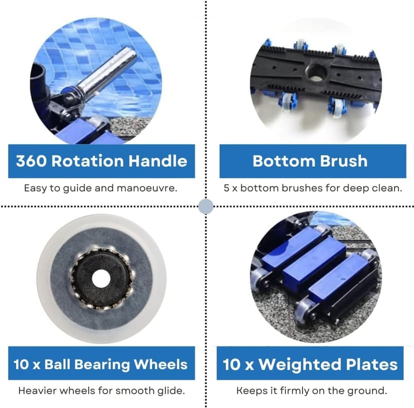 Aquatix Pro Pool Vacuum Head, 22" Extra Large Commercial Grade, 10 Weighted Plates, 2 x Hose Adapter, Aluminium Handle, Stainless Steel Balls, Flex Swivel Swimming Pool Head with Bottom Brush